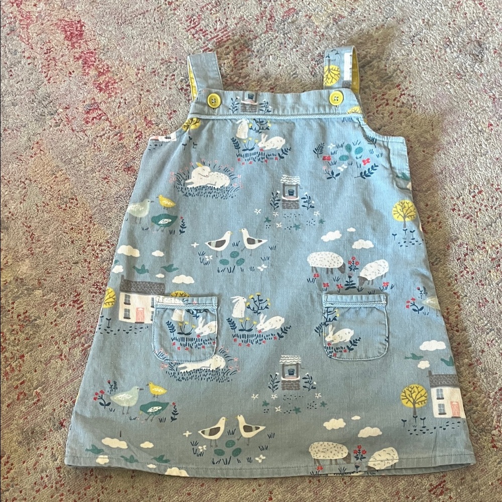 Baby Boden Blue Pinafore Dress with Yellow Polka Dot Lining